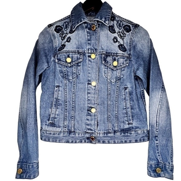 Michael Kors | Blue Floral Embroidered Denim Jean Jacket - Picture 1 of 16